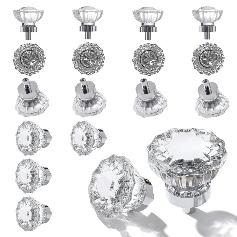 CEYMIO Glass Cabinet Knobs 16 Pack Crystal Vintage Knob for Kitchen Closet Dresser Cupboard Wardrobe, Clear Cabinets Hardwares Unique Decor Accessories with Screws Washers, Polished Chrome - Image 1